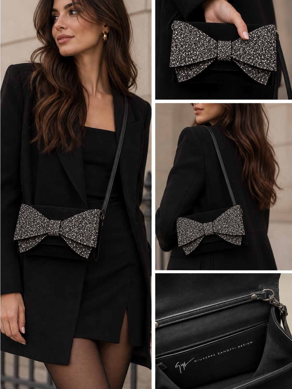 Giuseppe Zanotti Black Suede Crystal Bow Crossbody Bag
